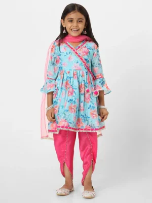 Nautinati Girls’ Printed Chanderi Kurta Set with Dupatta