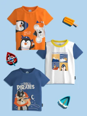 Boys Cobaltblue-Orange-White Graphic Printed Half Sleeve Pack of 3 T-Shirt